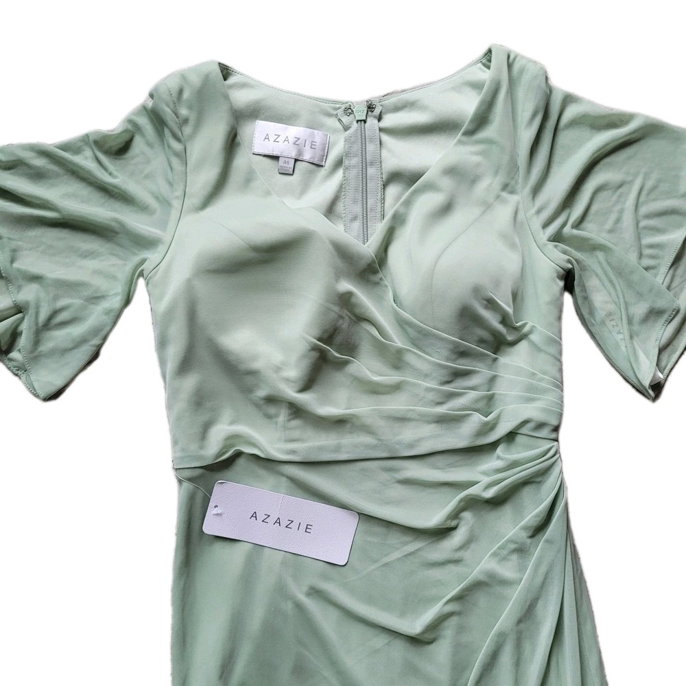 NEW Azazie SELAH Dusty Sage Green Flutter-Sleeve Chiffon Gown Size A6 Bridesmaid - Picture 3 of 8